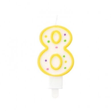 Candle for cake number "8" – white with a yellow outline and dotted pattern (7.5 cm) Candle for cake number "8" – white with a yellow outline and dotted pattern (7.5 cm)
