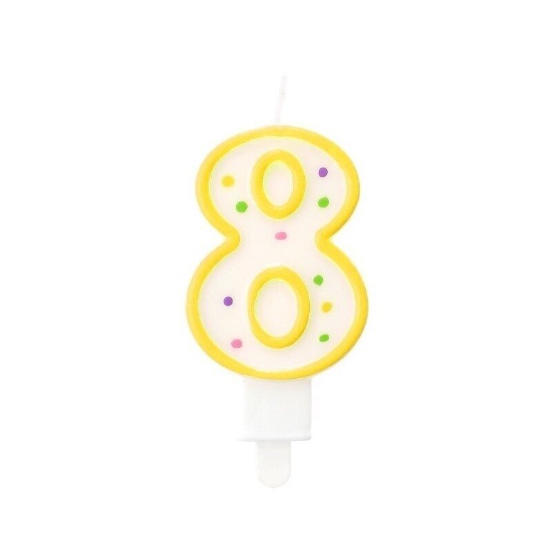 Candle for cake number "8" – white with a yellow outline and dotted pattern (7.5 cm)