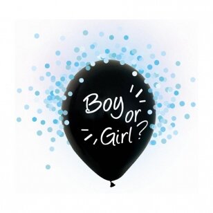 Balionai juodi "Boy or Girl", su melsvais konfeti (4 vnt.)