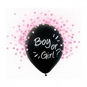 Balionai juodi "Boy or Girl", su rožiniais konfeti (4 vnt.)