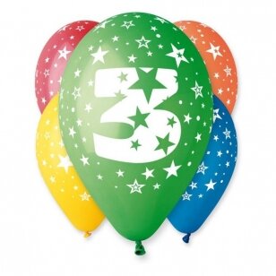 Balionai "Trečias gimtadienis - skaičius 3", įvairių spalvų (5 vnt./30cm)