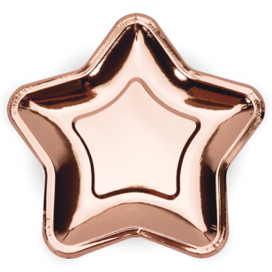 Forminės popierinės lėkštutės žvaigždės "Rausvo aukso žvaigždė", rožinio aukso stipriai blizgios (6 vnt./18 cm)