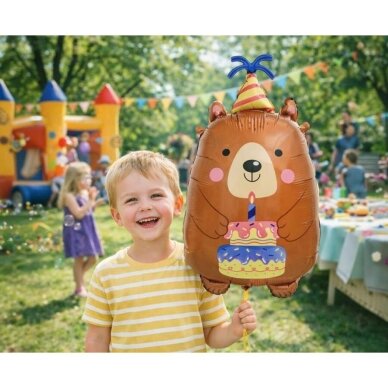Folinis balionas „Meškutis su tortu“ 34x63 cm – vaikų gimtadienio dekoracija 1