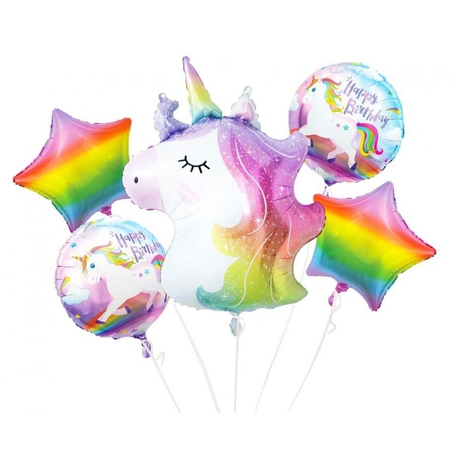 Set of foil balloons "Unicorn" – rainbow-colored balloon bouquet for birthdays (5 pcs)