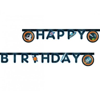 Girlianda popierinė “Raketa kosmose" su užrašu "Happy birthday" 2 m Girlianda popierinė “Raketa kosmose" su užrašu "Happy birthday" 2 m