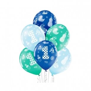 Lateksinių pastelinių spalvų balionų rinkinys "1st Birthday Boy", melsvas (6 vnt./30cm)