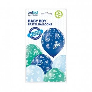 Lateksinių pastelinių spalvų balionų rinkinys "Baby Boy", melsvas (6 vnt./30cm)