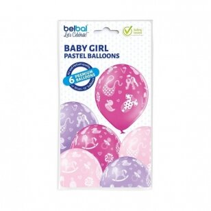 Lateksinių pastelinių spalvų balionų rinkinys "Baby Girl", rausvas (6 vnt./30cm)