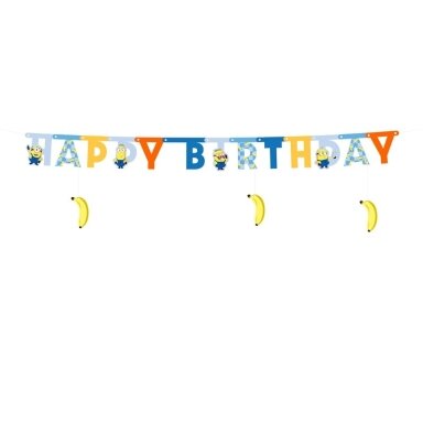 Minions gimtadienio girlianda „Happy Birthday“ 153 cm – Pakalikų temos dekoracija vaikų šventei