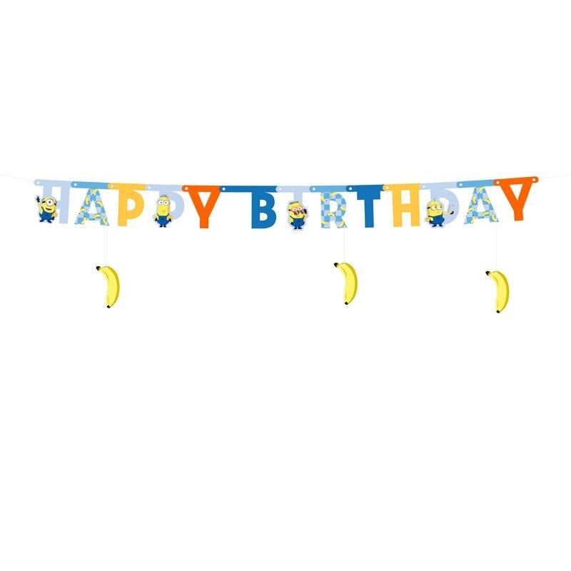 Minions gimtadienio girlianda „Happy Birthday“ 153 cm – Pakalikų temos dekoracija vaikų šventei