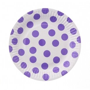 Popierinės lėkštutės, baltos violetinės levandų spalvos taškeliais ( 6 vnt./18 cm )