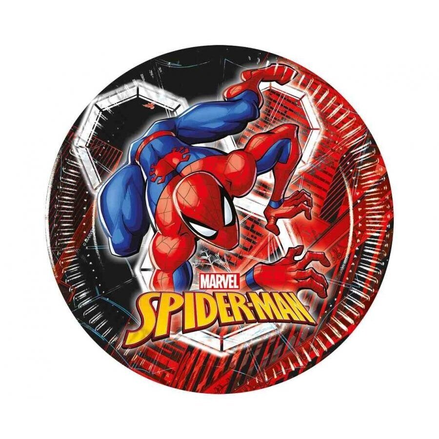 Popierinės lėkštutės „Spiderman“ 20 cm (8 vnt.) – Žmogaus Voro gimtadienio lėkštutės