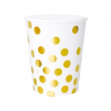 Puodeliai popieriniai, balti auksiniais taškeliais (6 vnt./270 ml) Puodeliai popieriniai, balti auksiniais taškeliais (6 vnt./270 ml)