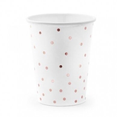 Puodeliai popieriniai, balti su rožinio aukso taškeliais (6 vnt./260 ml) Puodeliai popieriniai, balti su rožinio aukso taškeliais (6 vnt./260 ml)