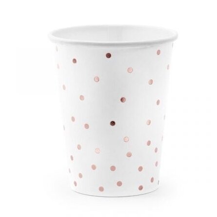 Puodeliai popieriniai, balti su rožinio aukso taškeliais (6 vnt./260 ml) Puodeliai popieriniai, balti su rožinio aukso taškeliais (6 vnt./260 ml)
