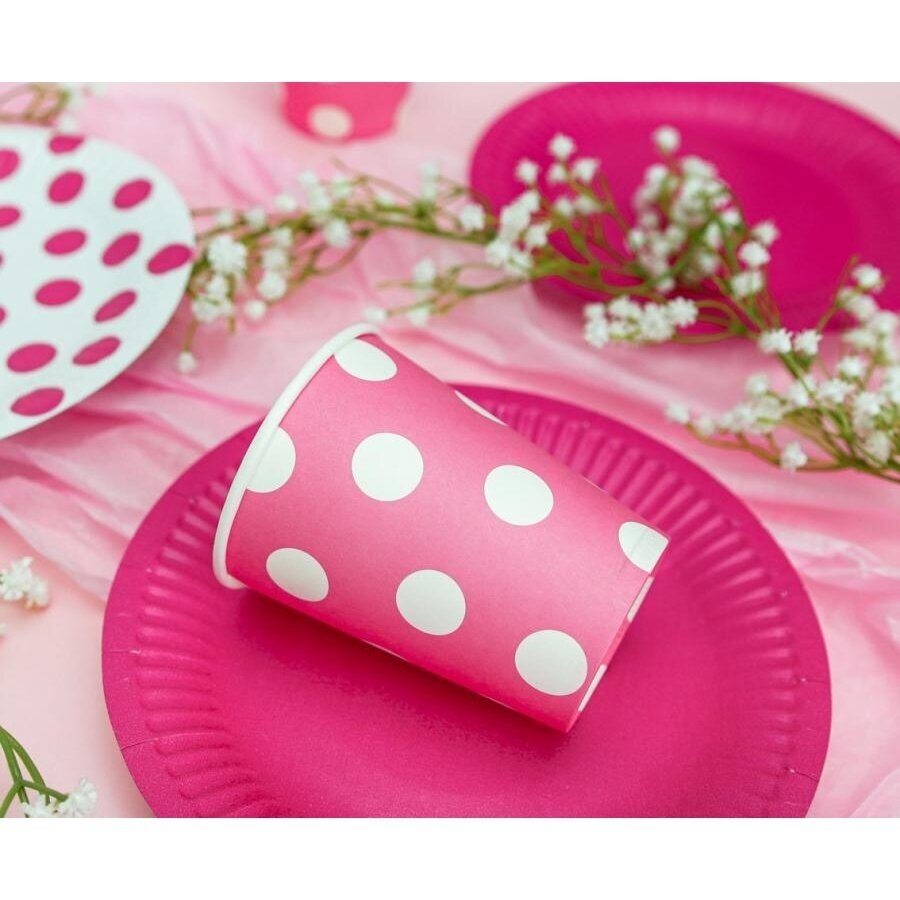 Paper cups, bright pink with white dots (6 pcs, 270 ml) 1