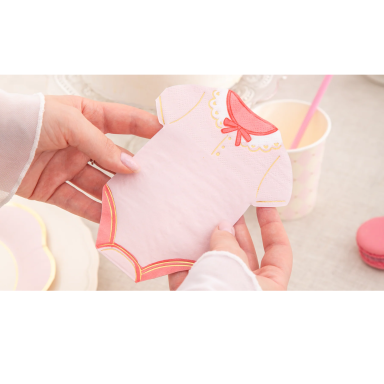 Rožinės servetėlės „Baby Bodysuit“ Baby Shower ir lyties atskleidimo šventei (10 vnt.) Rožinės servetėlės „Baby Bodysuit“ Baby Shower ir lyties atskleidimo šventei (10 vnt.)