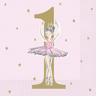 Servetėlės rausvos su balerina ir skaičiumi 1 "Pirmasis mergaitės gimtadienis" (16vnt/33x33cm)