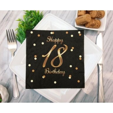 Servetėlės aštuonioliktam gimtadieniui juodos spalvos su užrašu "Happy 18 Birthday" (20vnt/33x33cm) Servetėlės aštuonioliktam gimtadieniui juodos spalvos su užrašu "Happy 18 Birthday" (20vnt/33x33cm)