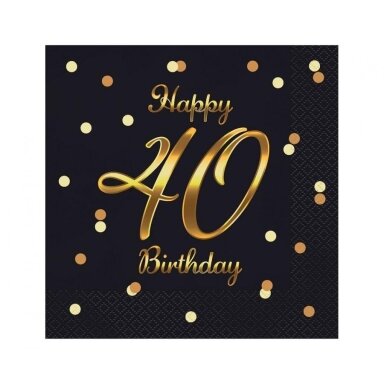 Салфетки на сороколетие черного цвета с надписью "Happy 40 Birthday" (20 шт./33x33 см)