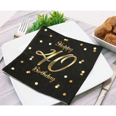 Салфетки на сороколетие черного цвета с надписью "Happy 40 Birthday" (20 шт./33x33 см)