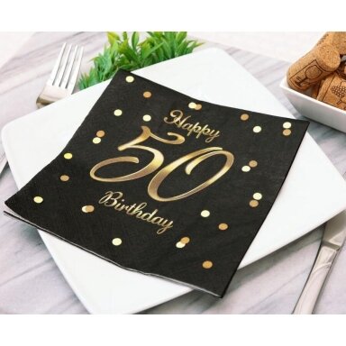 Салфетки на пятидесятилетие, черные с надписью 'С днём рождения 50 лет' (20 шт/33x33 см)