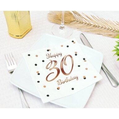 Servetėlės trisdešimtmečiui baltos spalvos su užrašu "Happy 30 Birthday" (20vnt/33x33cm)