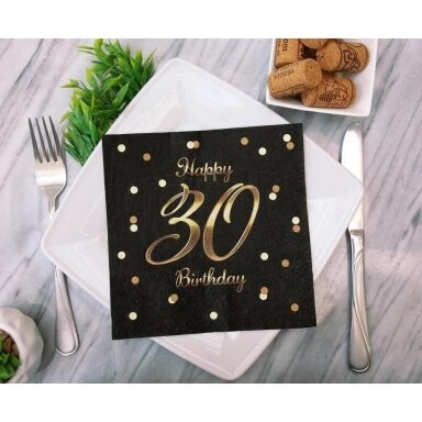 Servetėlės trisdešimtmečiui juodos spalvos su užrašu "Happy 30 Birthday" (20vnt/33x33cm)
