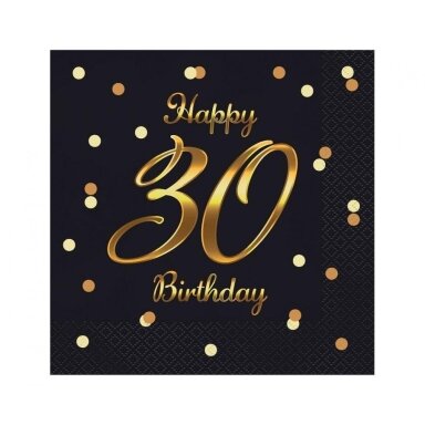Servetėlės trisdešimtmečiui juodos spalvos su užrašu "Happy 30 Birthday" (20vnt/33x33cm)