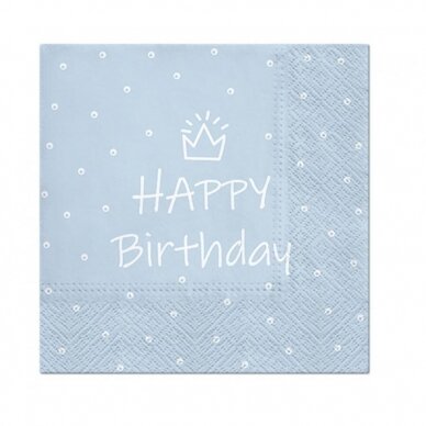 Servetėlės, melsvos su karūna "Happy birthday" (20 vnt./33x33 cm) Servetėlės, melsvos su karūna "Happy birthday" (20 vnt./33x33 cm)
