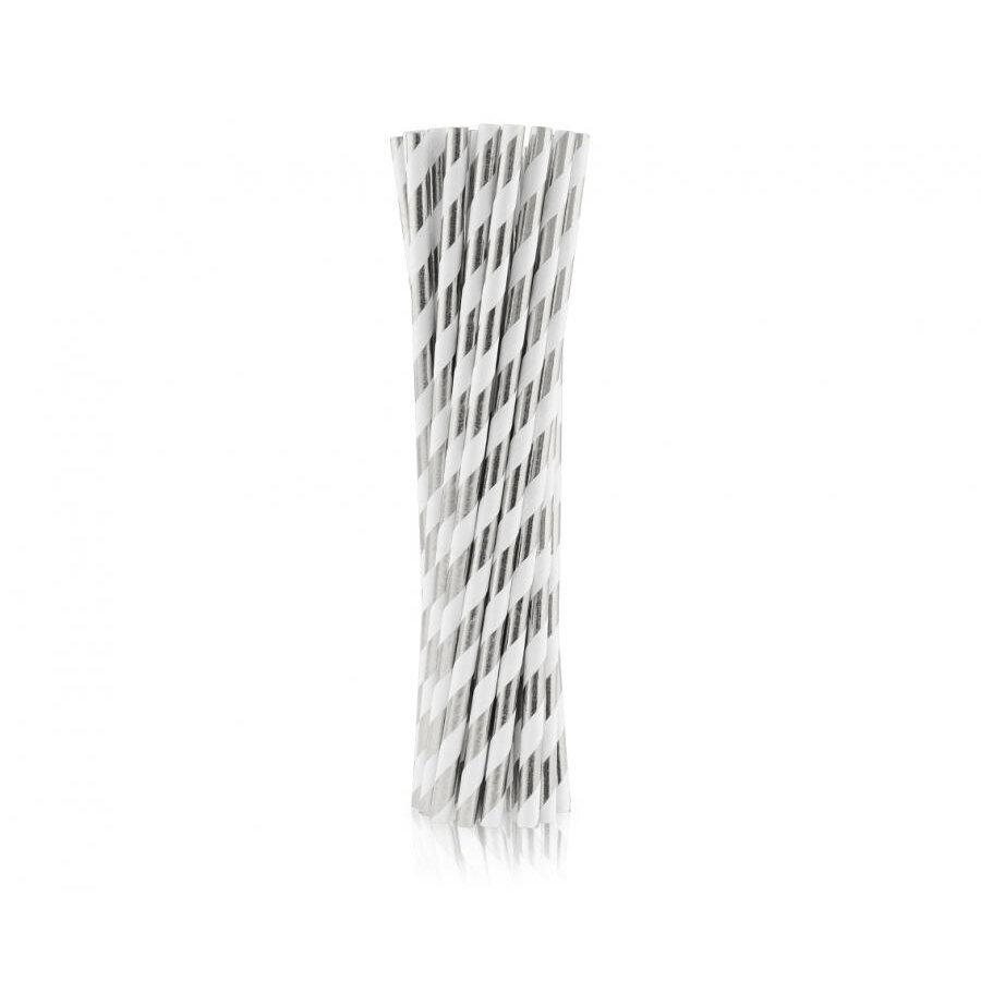 Paper drinking straws, silver stripes, 6x197mm / 24 pcs
