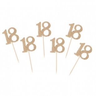 Smeigtukai užkandžių dekoracija "Aštuonioliktas gimtadienis", aukso (6 vnt./10 cm)