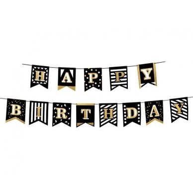 Stilinga Gimtadienio Girlianda „Happy Birthday“ (2x200 cm) – Juoda, Auksinė, Balta Stilinga Gimtadienio Girlianda „Happy Birthday“ (2x200 cm) – Juoda, Auksinė, Balta