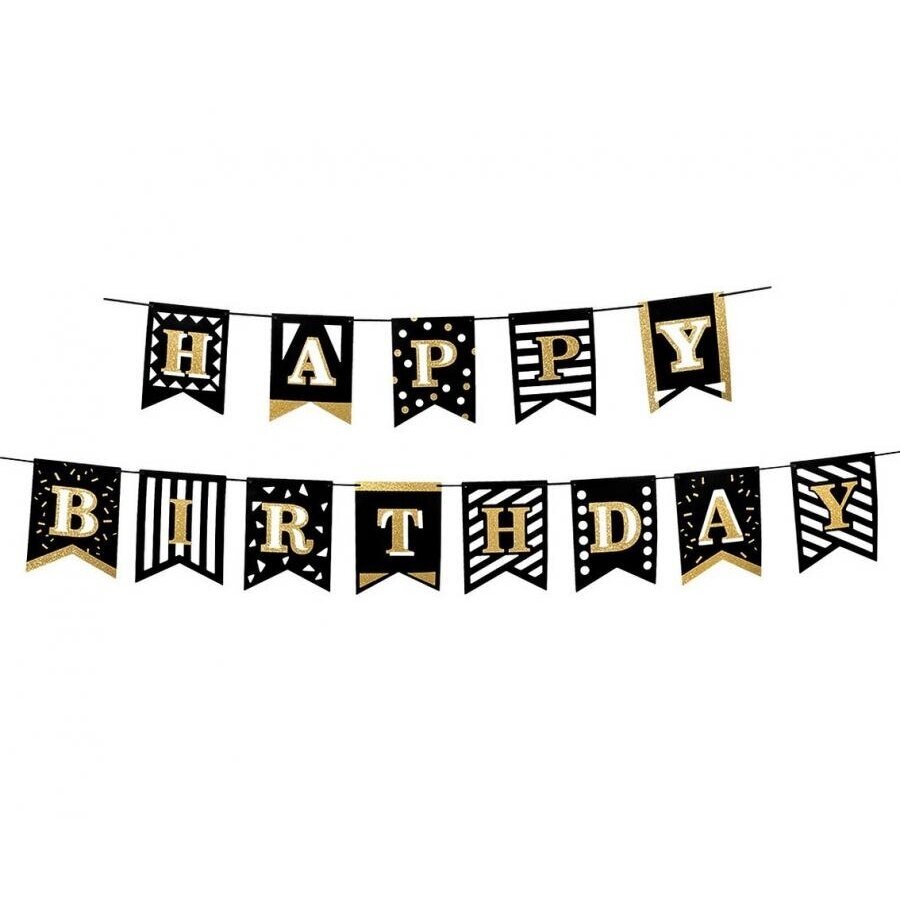 Stilinga Gimtadienio Girlianda „Happy Birthday“ (2x200 cm) – Juoda, Auksinė, Balta