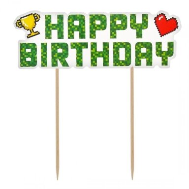 Torto dekoracija „Game On – Happy Birthday“ – žaidimų tematikos torto smeigtukas, 14,5 cm Torto dekoracija „Game On – Happy Birthday“ – žaidimų tematikos torto smeigtukas, 14,5 cm