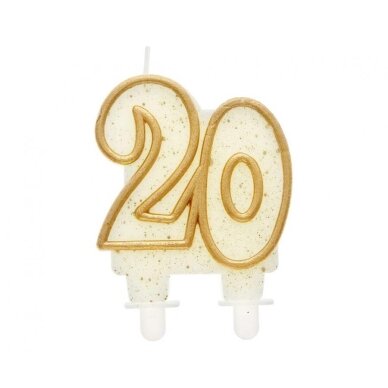Torto žvakutė „Skaičius 20“ su auksiniu kontūru – jubiliejaus žvakutė tortui Torto žvakutė „Skaičius 20“ su auksiniu kontūru – jubiliejaus žvakutė tortui