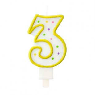 Žvakutė tortui skaičius 3, geltona taškuota
