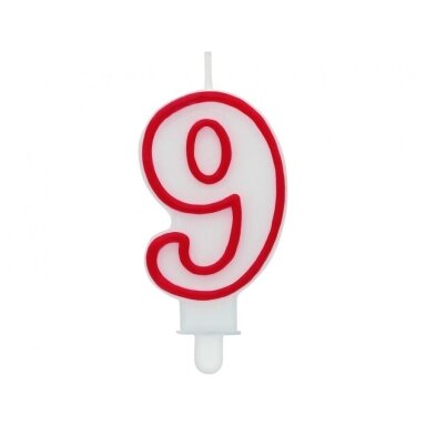 Свеча для торта в форме цифры 9, белая с красным контуром Свеча для торта в форме цифры 9, белая с красным контуром