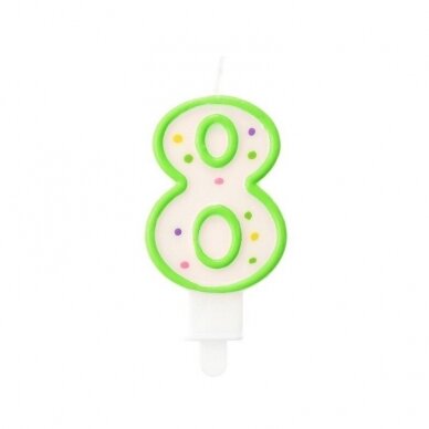 Candle for cake number "8" – white with a green outline and dotted pattern (7.5 cm) Candle for cake number "8" – white with a green outline and dotted pattern (7.5 cm)