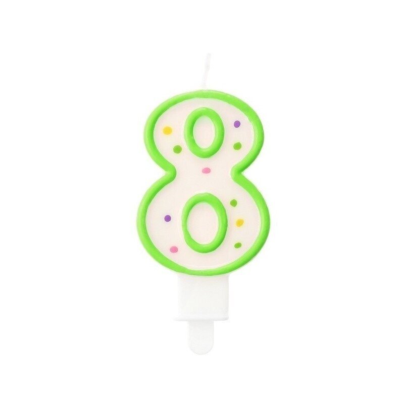 Candle for cake number "8" – white with a green outline and dotted pattern (7.5 cm) Candle for cake number "8" – white with a green outline and dotted pattern (7.5 cm)
