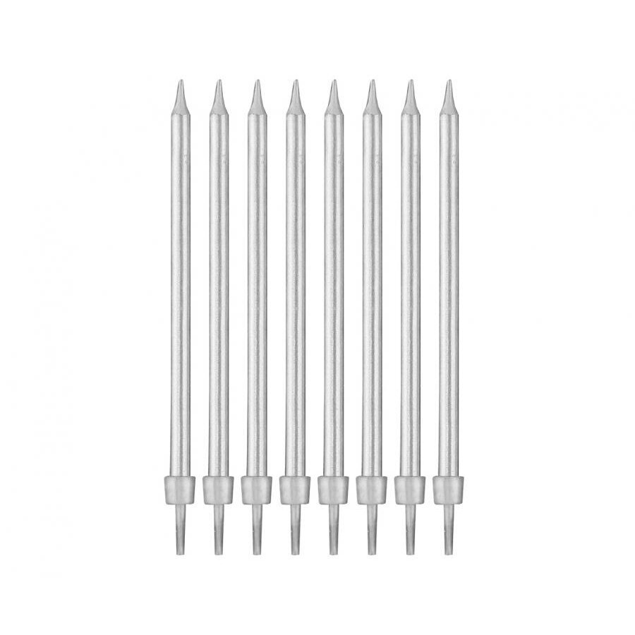 Birthday candles with holders, silver, 10 cm, 8 pcs, 1